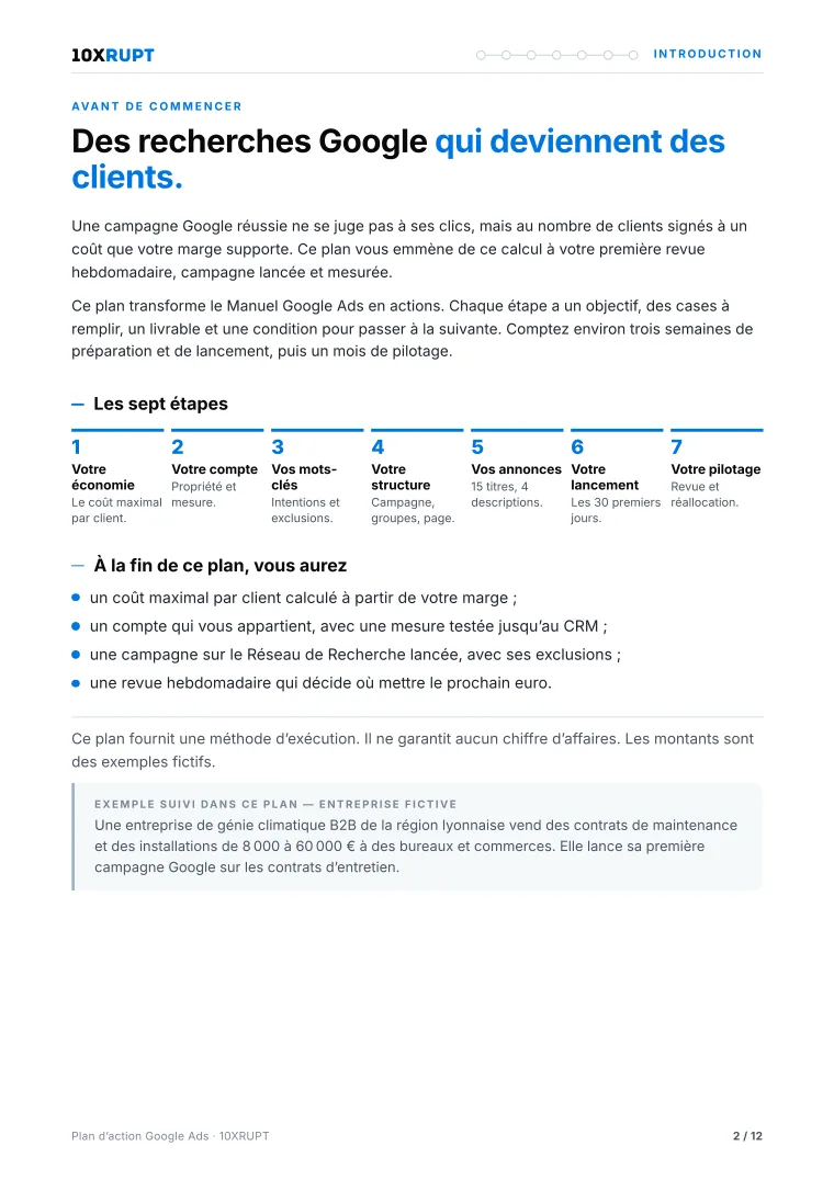 Extrait du plan d’action — Kit Google Ads 10XRUPT